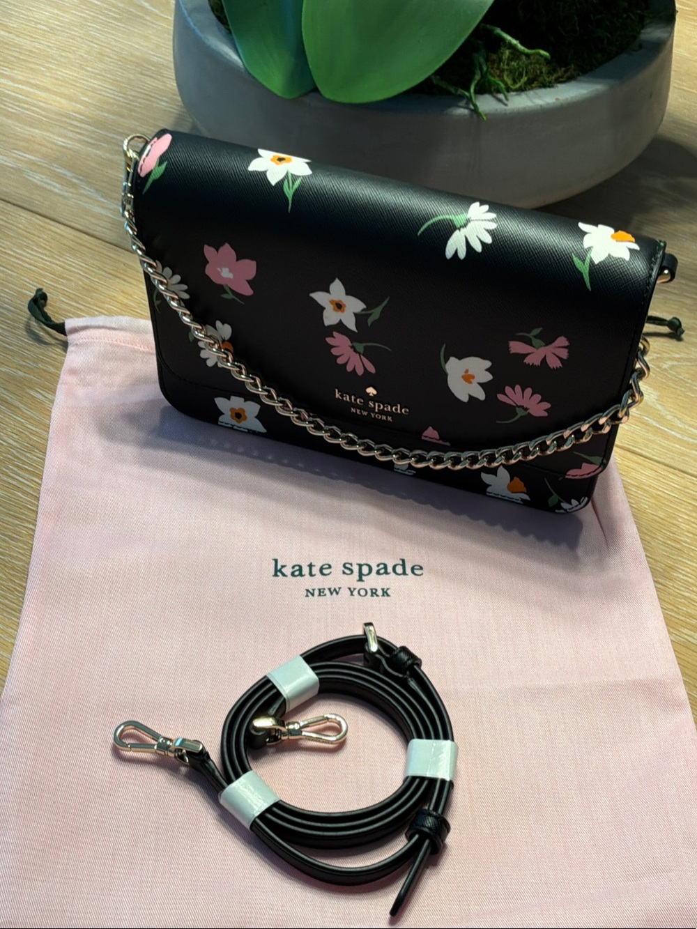 kate spade Black Floral Leather Crossbody with Gold Chain Strap